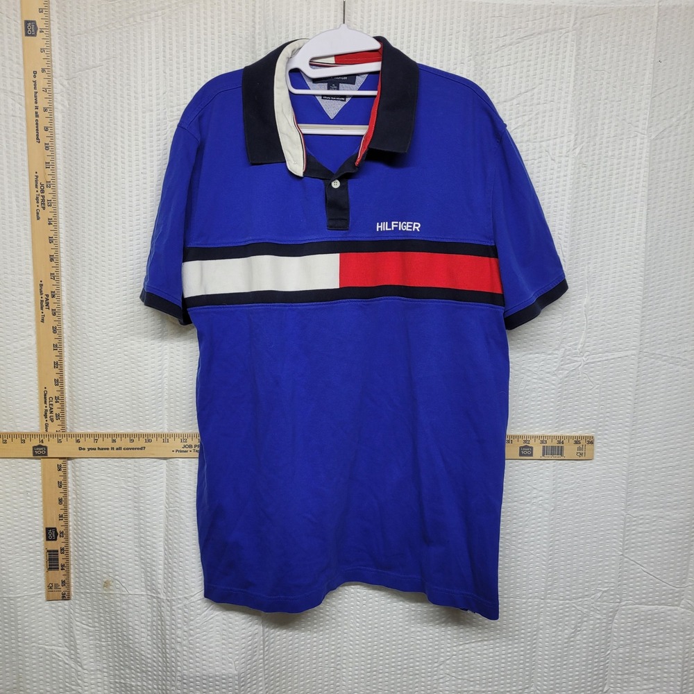 Tommy Hilfiger Mens XL Custom Fit Blue Colorblock Stripe Short Sleeve Polo Shirt